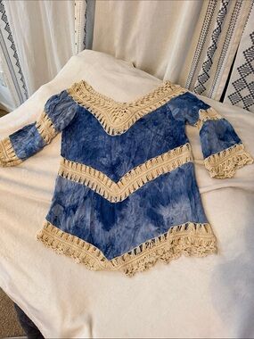 By The Sea Blue Tie-Dye Crochet Trim Women's Cover Up Tunic